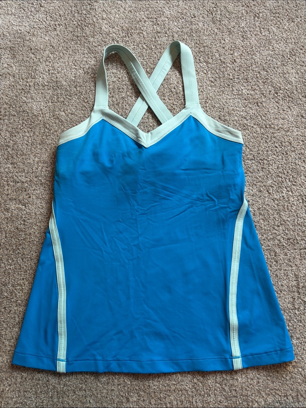 lululemon athletica Blue Crossback Tank with Light Blue Trim and Built in Bra